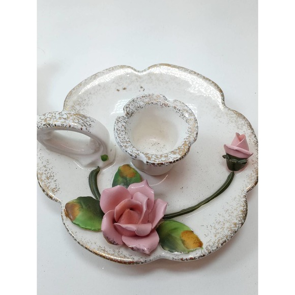 Lefton Pink Rose Chamberstick Candle Holders Gold Sponged Accent Set of 2 Japan - Picture 3 of 9